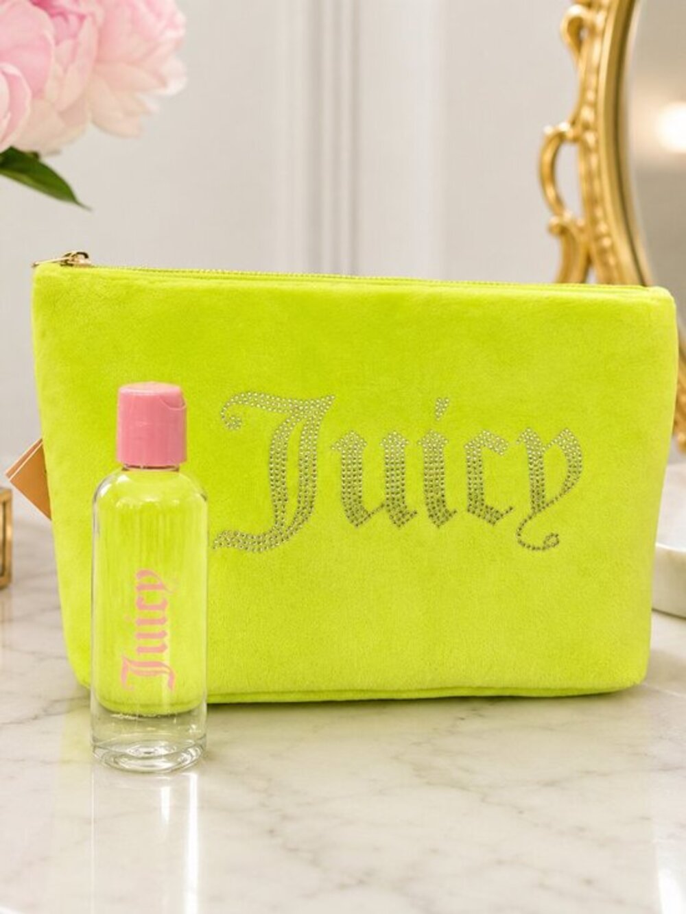 Juicy Couture Neon Green Rhinestone Velour Cosmetic Travel Case NWT